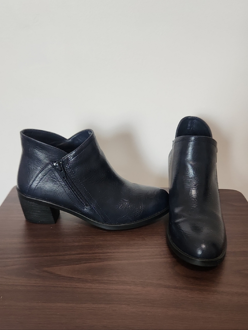 Women's Bluish Black Leather Ankle Boots - Side Zip Heel Booties